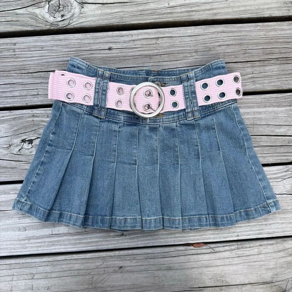 Angels Denim Pleated Mini Skirt With Pink Grommet Belt Y2K